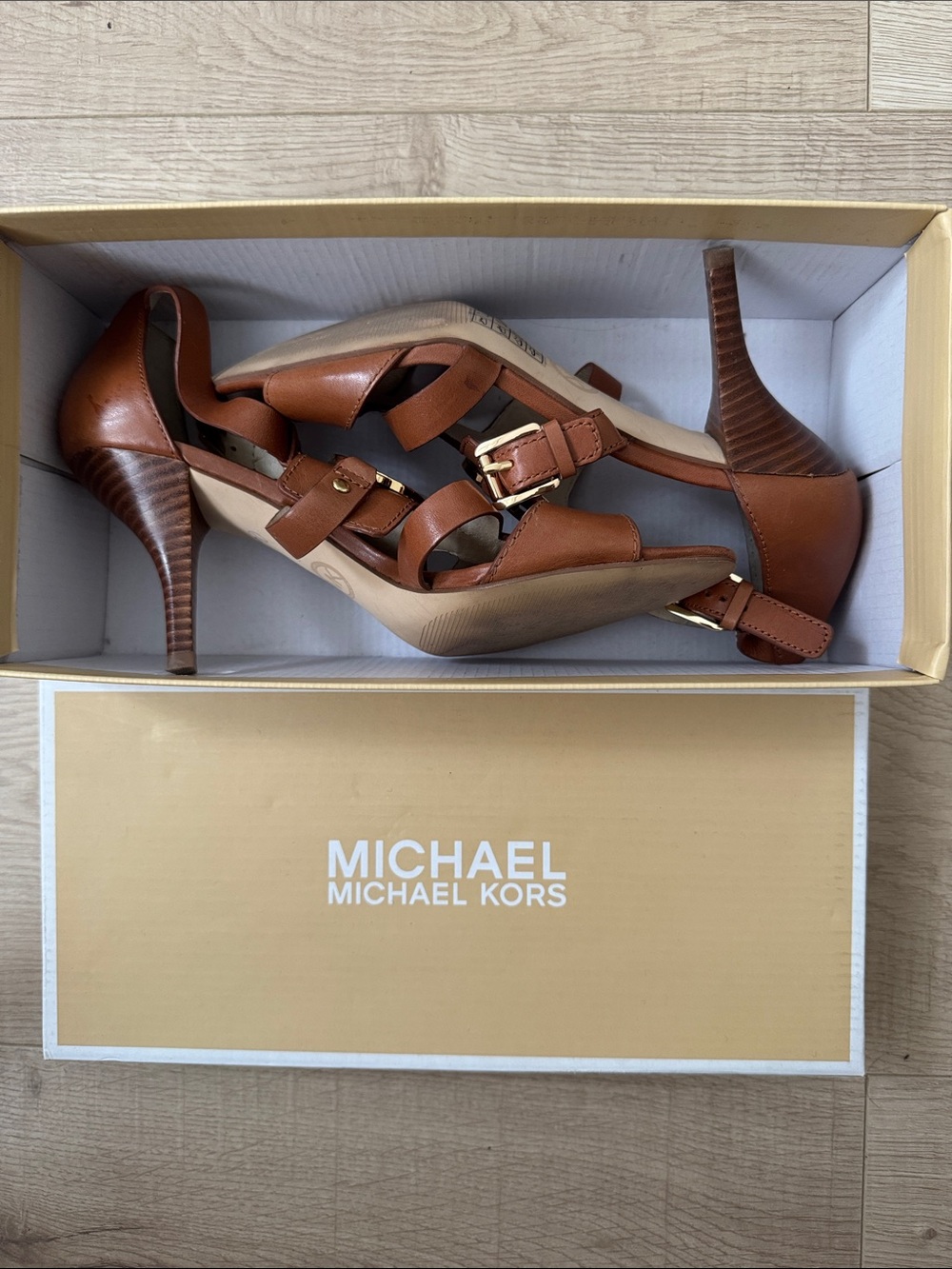 MICHAEL Michael Kors Tan Brown Leather Strappy Heels with Gold Buckle